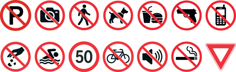 Prohibition and Warning Sign Icon Set – No Parking, No Smoking, No Entry, No Pets, No Photography, Traffic Symbols Vector