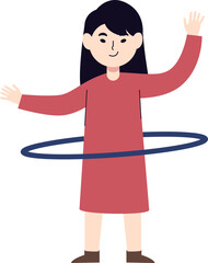 A young girl with dark hair is playing with a blue hula hoop, smiling and raising her arms.