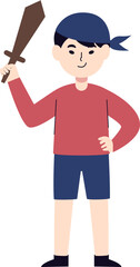 A cheerful cartoon boy wearing a blue bandana and red shirt holds a toy sword, ready for an imaginary adventure.