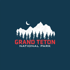 Grand Teton National Park mountain silhouette at night, badge patch emblem, vector illustration