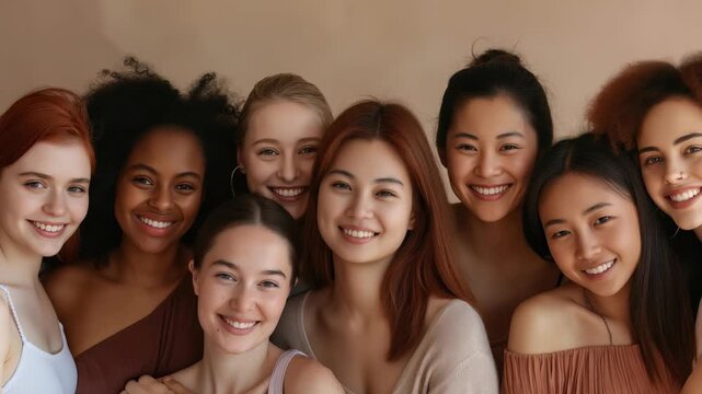 This studio shot features diverse group young women with varying skin tones, hair colors, styles, all smiling against neutral background. Highlighting beauty, inclusion.