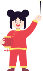 Smiling girl in traditional Chinese attire holding a lantern and sparkler, celebrating a festival.