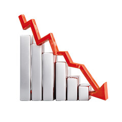 A downward-trending graph, white bars, red arrow