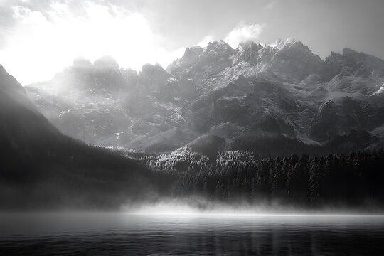 Misty morning light illuminates a serene mountain lake with dramatic peaks rising majestically in the background - Powered by Adobe