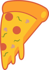 An illustrated slice of pizza with pepperoni, mushrooms, and dripping melted cheese.