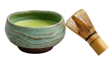 Green matcha tea in a bowl, with a bamboo whisk