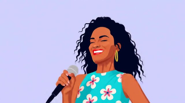 Woman with Curly Hair Singing into Microphone