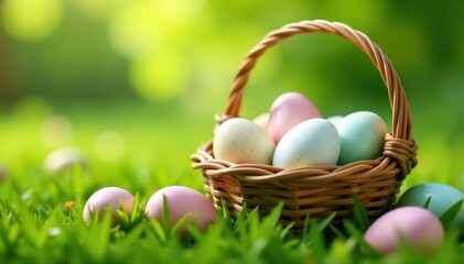 Obraz premium Full woven basket of speckled eggs sits amongst lush spring grass , nature, holiday, image