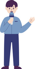 A cartoon illustration of a man speaking into a microphone, gesturing with his hand.