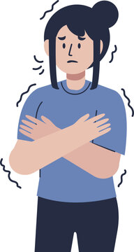 A woman with a worried expression, shivering and crossing her arms, feeling cold.
