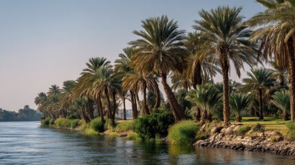 Riverbank lined with palm trees