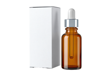 Blank white box beside amber glass dropper bottle