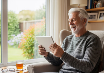 Happy laughing senior man with white hair using a digital tablet for a video call, relaxing in an armchair at home