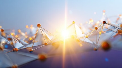 Abstract network with metal connectors and geometric shapes against a gradient blue and purple backdrop illuminated with