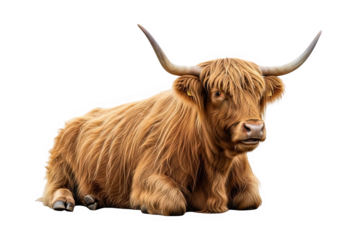 A shaggy highland cow with long horns lies down, isolated on a transparent background, showcasing its distinctive reddishbrown coat and furry appearance