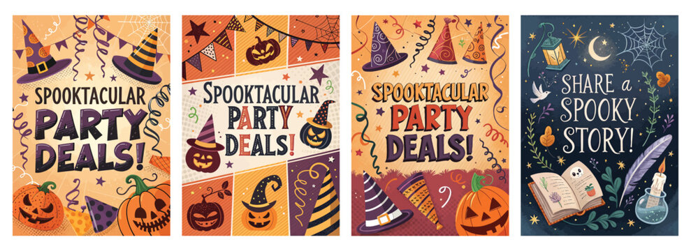 Set of four posters featuring vibrant Halloween imagery with pumpkins witch hats and spooky decorations