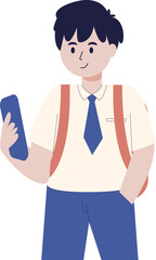 Illustration of a boy in school uniform holding a smartphone, with a backpack and a tie, smiling.