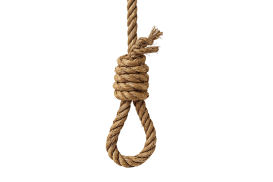 A close-up of a hanging noose. A light beige rope forms a tight, looped knot