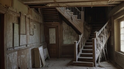 a old wooden broken house with broken things and a staircase in bad condition
