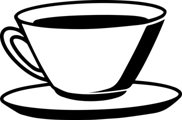 Black and white illustration of a cup filled with a dark beverage, resting on a matching saucer.