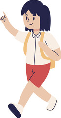 A young schoolgirl with a backpack walks and points upwards, smiling cheerfully.