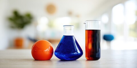 An orange sphere a flask of blue liquid and a beaker of red liquid sit on a wooden surface with a blurred background
