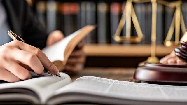 Closeup legal professional studying law books, taking notes, using scales justice, symbolizing thorough legal research, strong commitment to legal field