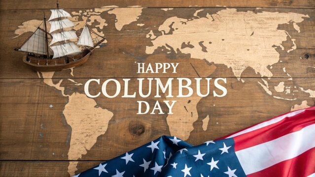 Happy columbus day wooden background with ship and american flag