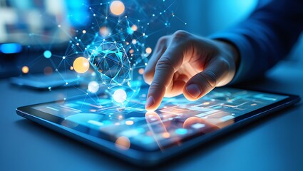 Futuristic technology concept with a hand touching a glowing digital network on a tablet
