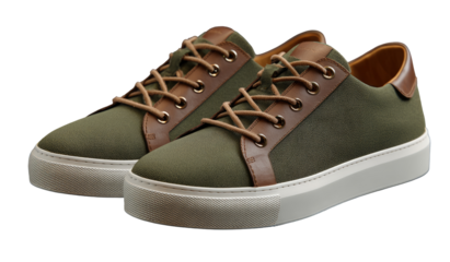 Olive green canvas sneakers with tan accents