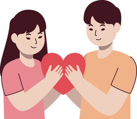 Young couple lovingly sharing a large heart, symbolizing togetherness and affection.