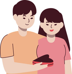 A gentle illustration depicting a man presenting a small, dark gift box to a smiling woman, symbolizing a special moment or affection.