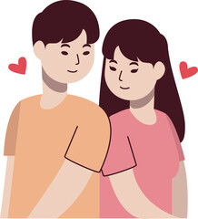 A cute illustrated couple, a man and a woman, share a loving embrace with small red hearts.