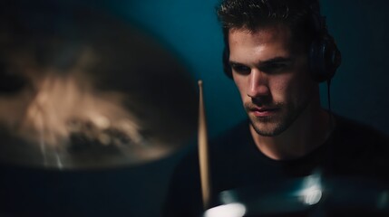A man deeply focused while playing drums in a home music studio  long title A man intently focused on his rhythmic performance drumming with passion