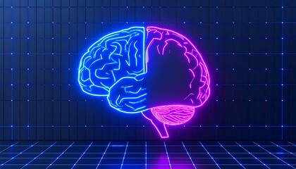Neon Brain Divided in Two Halves on a Gridded Background