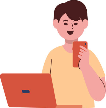 A smiling person simultaneously uses a red smartphone and a laptop, engaging with technology.