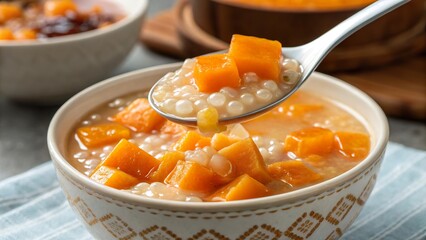 Enjoying a close-up view of bubur cha cha served with a spoon and featuring vibrant ingredients