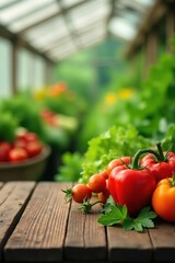 Rustic wooden tabletop, blurred greenhouse backdrop, fresh produce, food photography, scene, texture