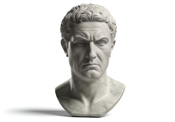 Fototapeta premium Serious marble bust of a Roman emperor on white background.