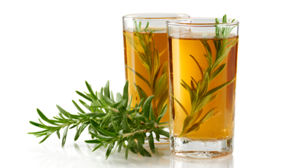 Fefreshing drink of cold tea and rosemary herbs in glasses isolated on a white background
