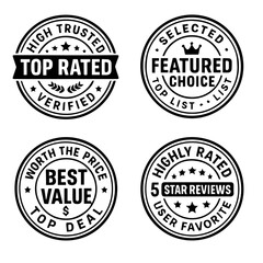 Obraz premium Top Rated, Featured Choice, Best Value, and Highly Rated Badges Set, Modern Vector Emblems for Product Highlights and Quality Seals, Editable Formats: AI, EPS, JPG, PNG, 
