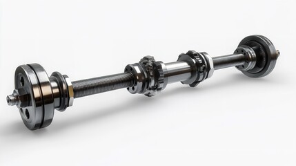 Fototapeta premium Close up of a metal threaded rod with gears and circular plates on a white background studio shot