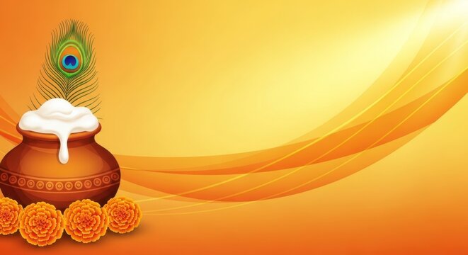 Happy krishna janmashtami background with pot of butter peacock feather and marigold flowers design vector