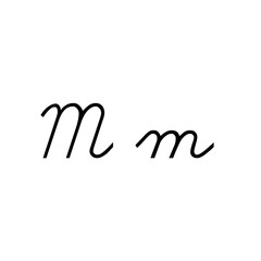 The image shows a cursive-style uppercase and lowercase letter "M" written in a stylish, calligraphic font