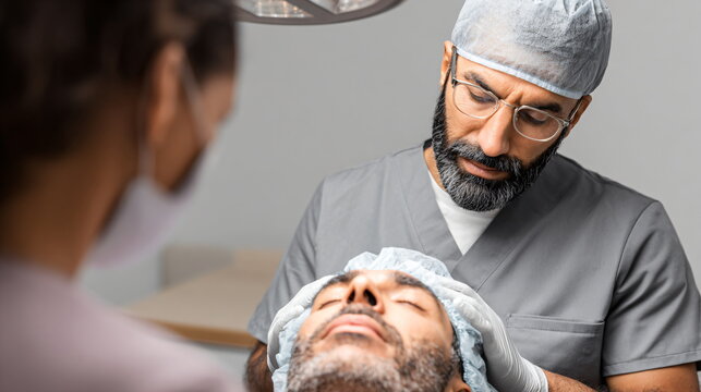 Male surgeon with beard and glasses examining a man for a medical procedure. Medical and healthcare concept for clinic or hospital.