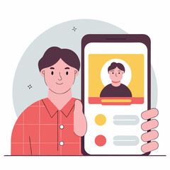 Fototapeta premium Man proudly displays profile on smartphone, celebrating digital identity connection