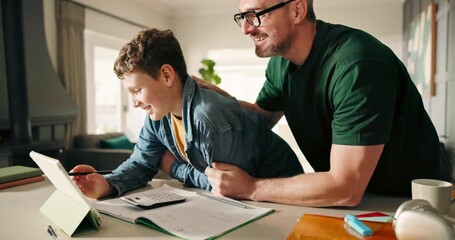 Tablet, help and father with child in house with education, homework or school assignment. Teaching, learning and dad with boy kid on digital technology for online mathematics class in apartment. - Powered by Adobe
