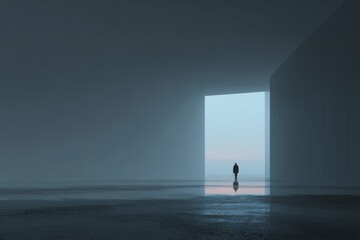 Obraz premium Minimalist architectural scene with lone figure standing in geometric doorway leading to ocean horizon creating contemplative atmosphere about solitude and possibilities