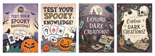 Set of four posters Halloween illustrations with pumpkins skulls and eerie quiz elements