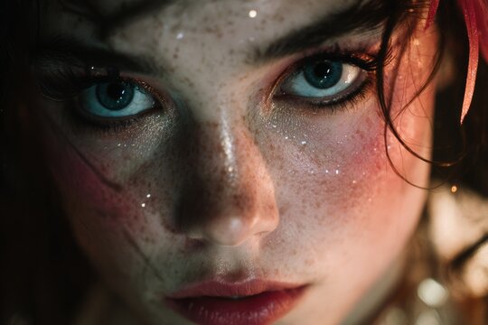 Intense close-up portrait with striking turquoise eyes and glitter makeup featuring dramatic lighting and wet skin effect for high fashion beauty photography